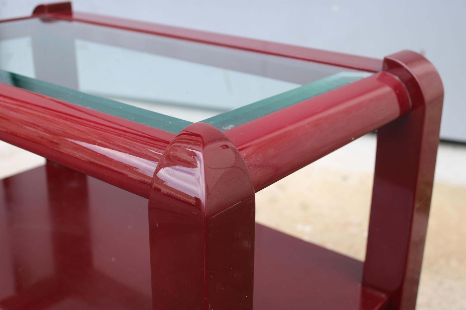 photo for sale Pair Of Red Lacquer Nightstands With Drawers And Glass Top 1970 Italy