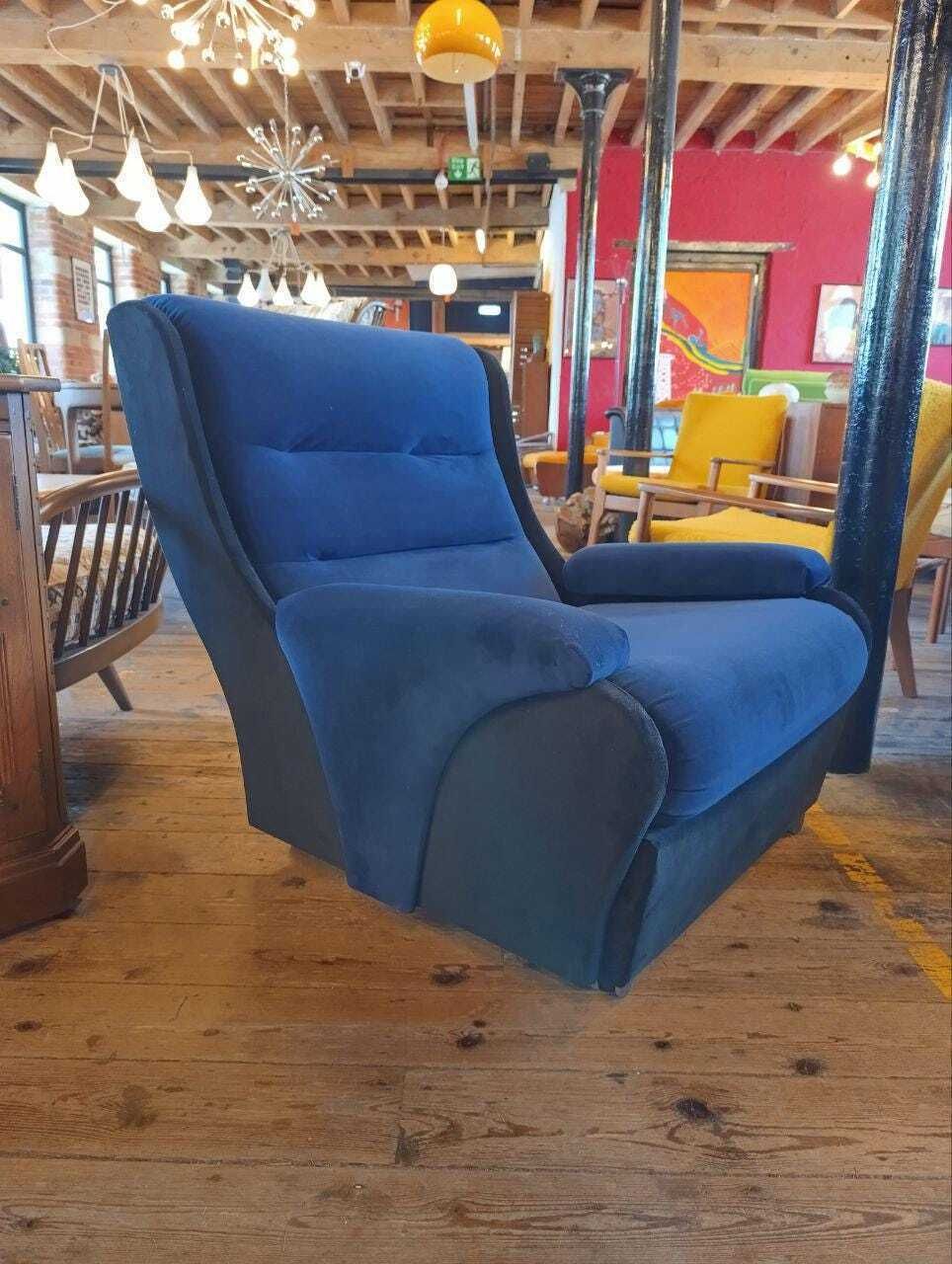 photo furniture Vintage 1970s Mid Century Three Piece Suite   Ocean Blue & Black Velvet   Newly Upholstered