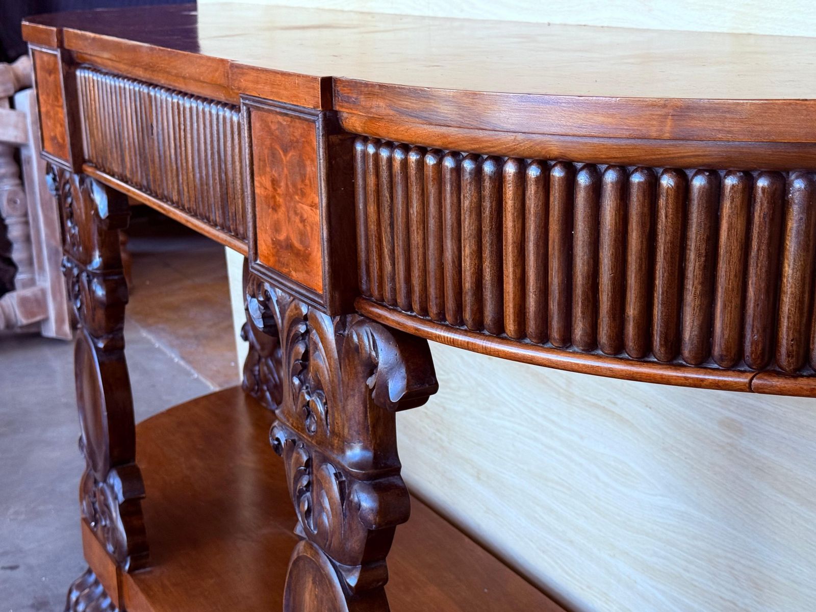 English Carved Console With Book Matched Veneer And Three Drawers photo vintage