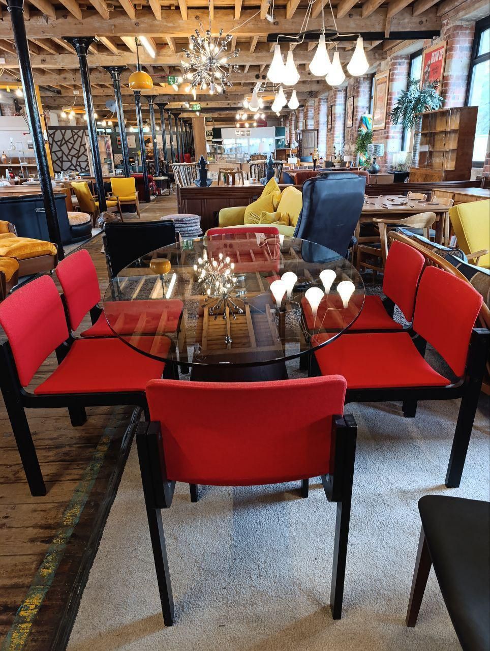 Custom Mid Century Style Walnut & Glass Dining Table With 6 Fritz Hansen Chairs   1980s Italian/Danish Set photo furniture