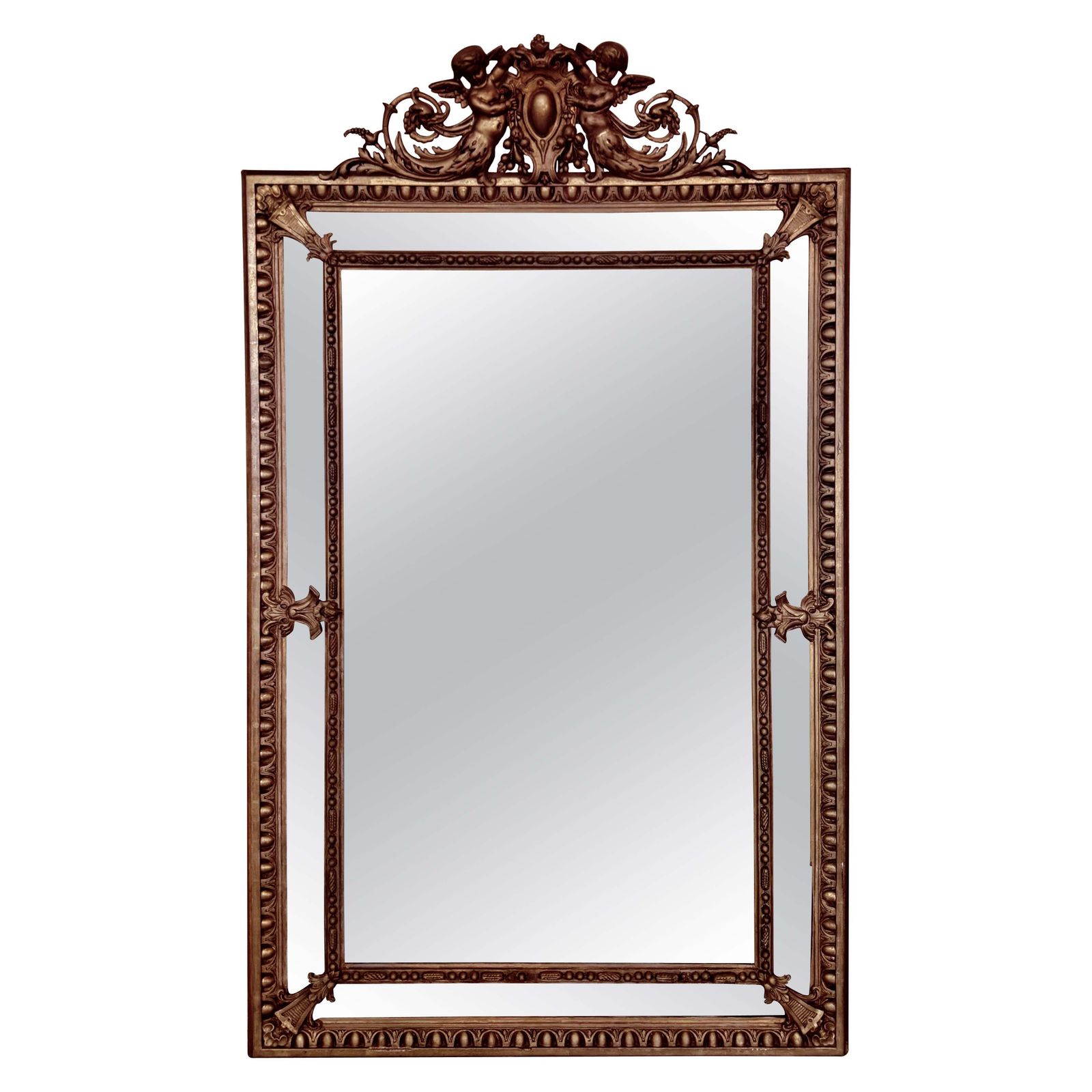 Grand miroir vertical doré à fronton chérubin, France, XIXe siècle