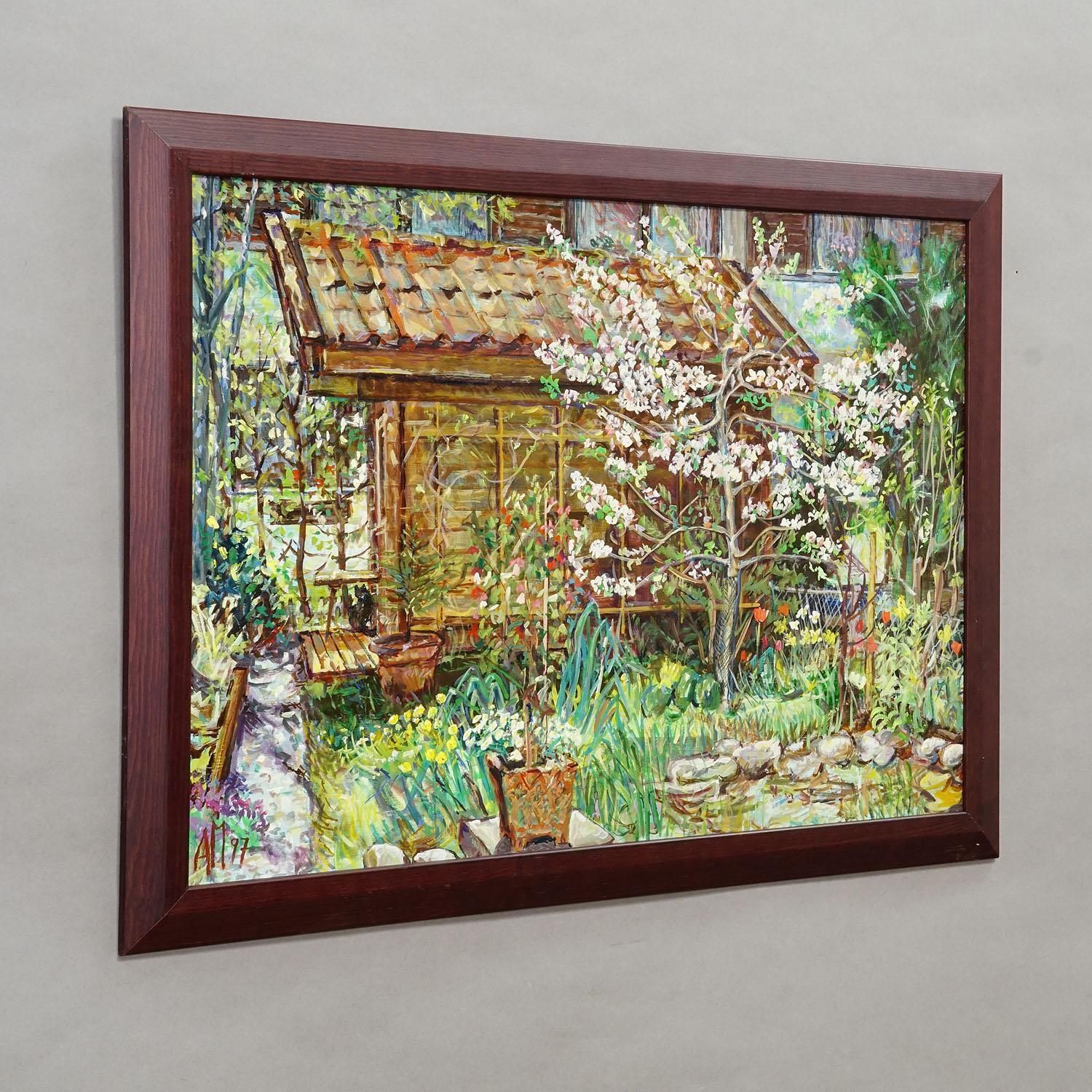 Garden With Blooming Apple Tree – Oil Painting By Alexander Michael, 1997 photo furniture