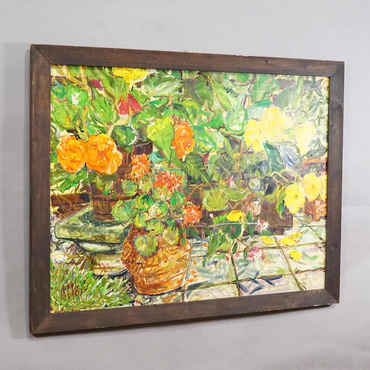 Alexander Michael Oil Painting – Begonias And Geraniums, 1980 photo furniture