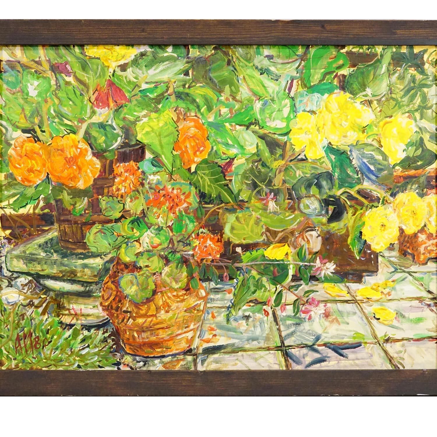 Alexander Michael Oil Painting – Begonias And Geraniums, 1980 photo for sale