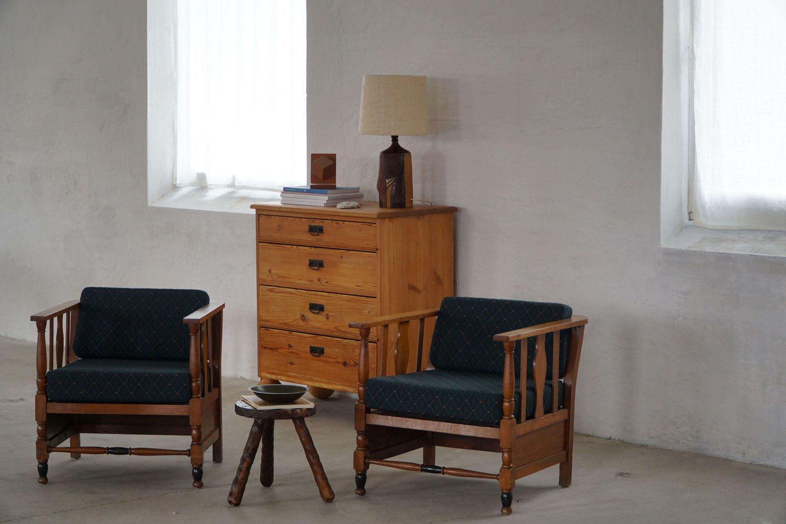 Art Nouveau, Pair Of Lounge Chairs In Oak, Reupholstered In Style Fabric, 1920s photo furniture