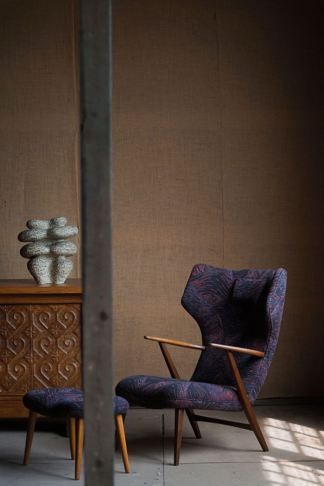 Madsen & Schubell, Wingback Lounge Chair & Stool In Teak, Reupholstered, 1950s photo furniture