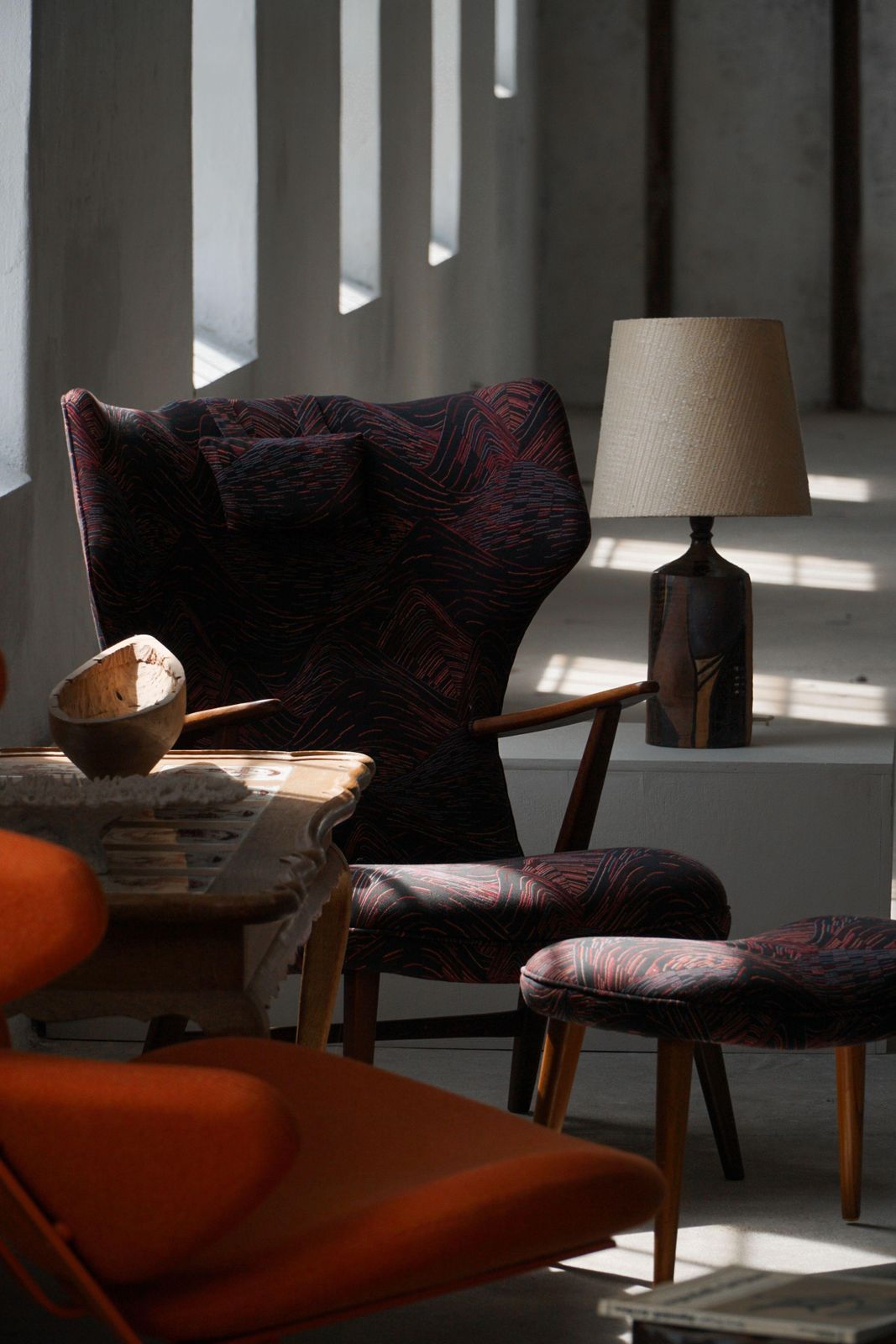 Madsen & Schubell, Wingback Lounge Chair & Stool In Teak, Reupholstered, 1950s photo vintage