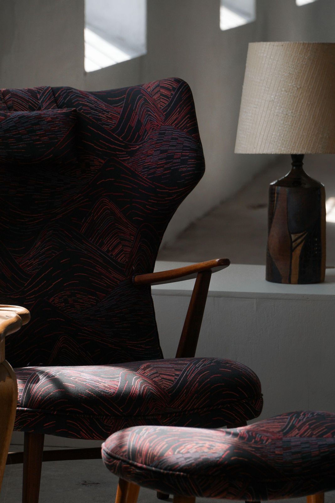 photo vintage Madsen & Schubell, Wingback Lounge Chair & Stool In Teak, Reupholstered, 1950s