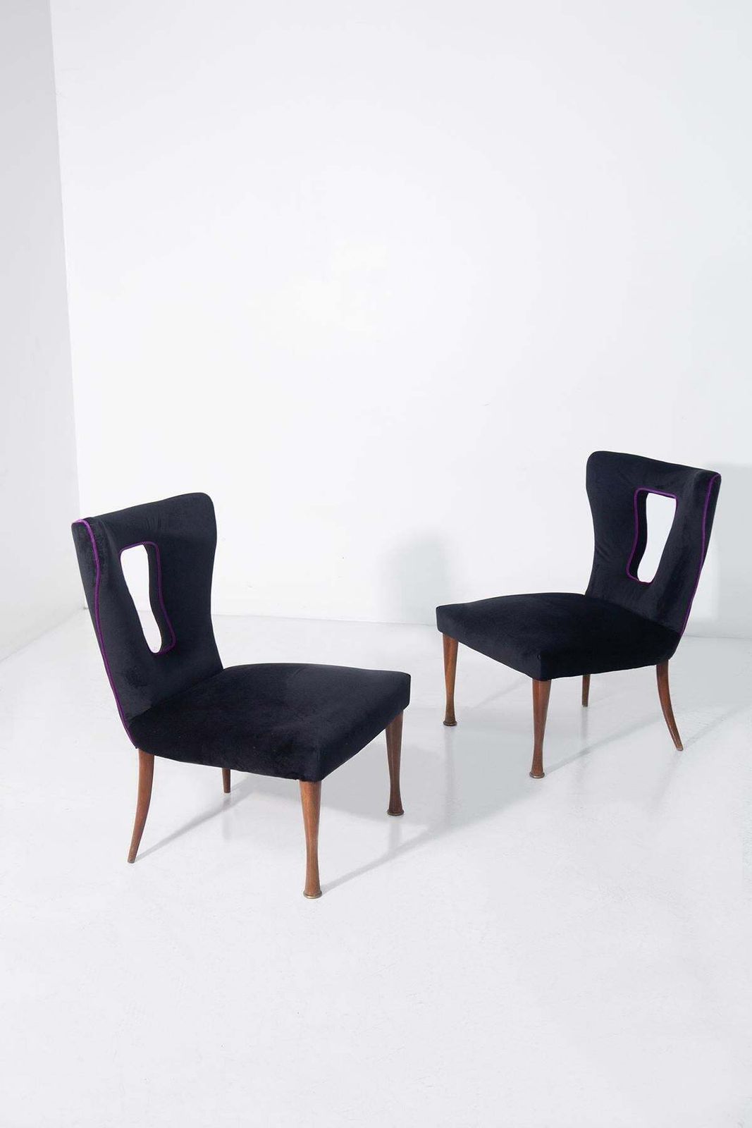 Italian Vintage Armchairs Pair In Black Velvet, Wood And Brass photo vinterior