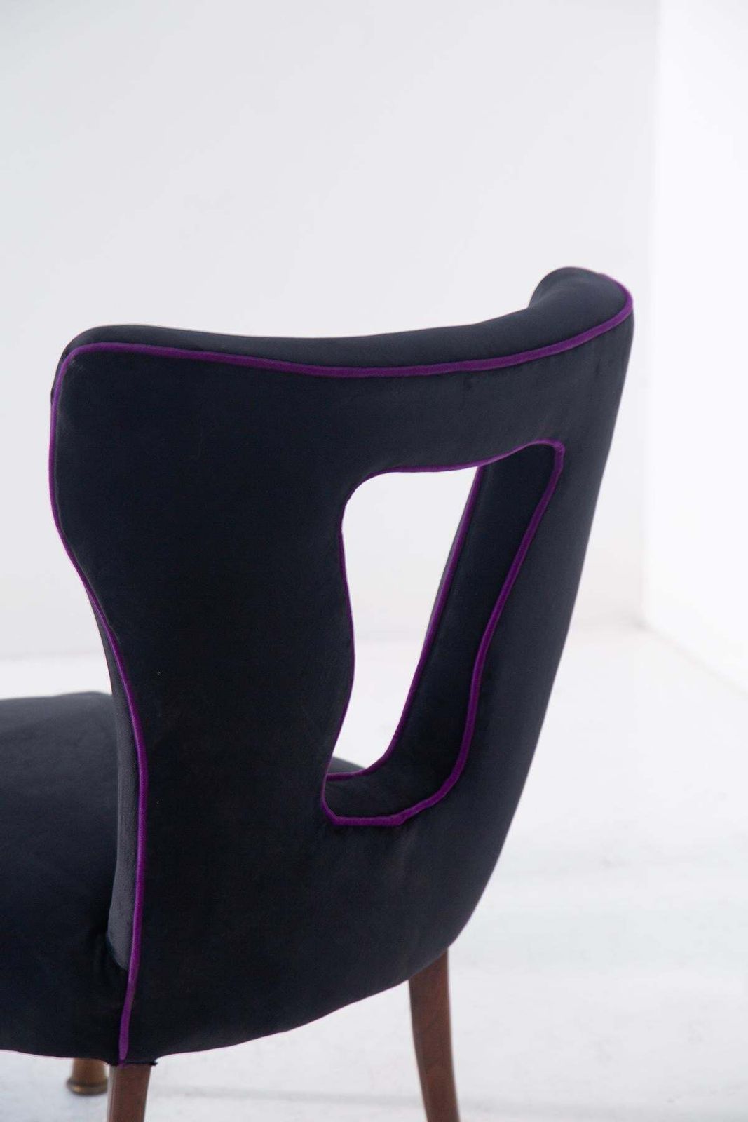 photo for sale Italian Vintage Armchairs Pair In Black Velvet, Wood And Brass