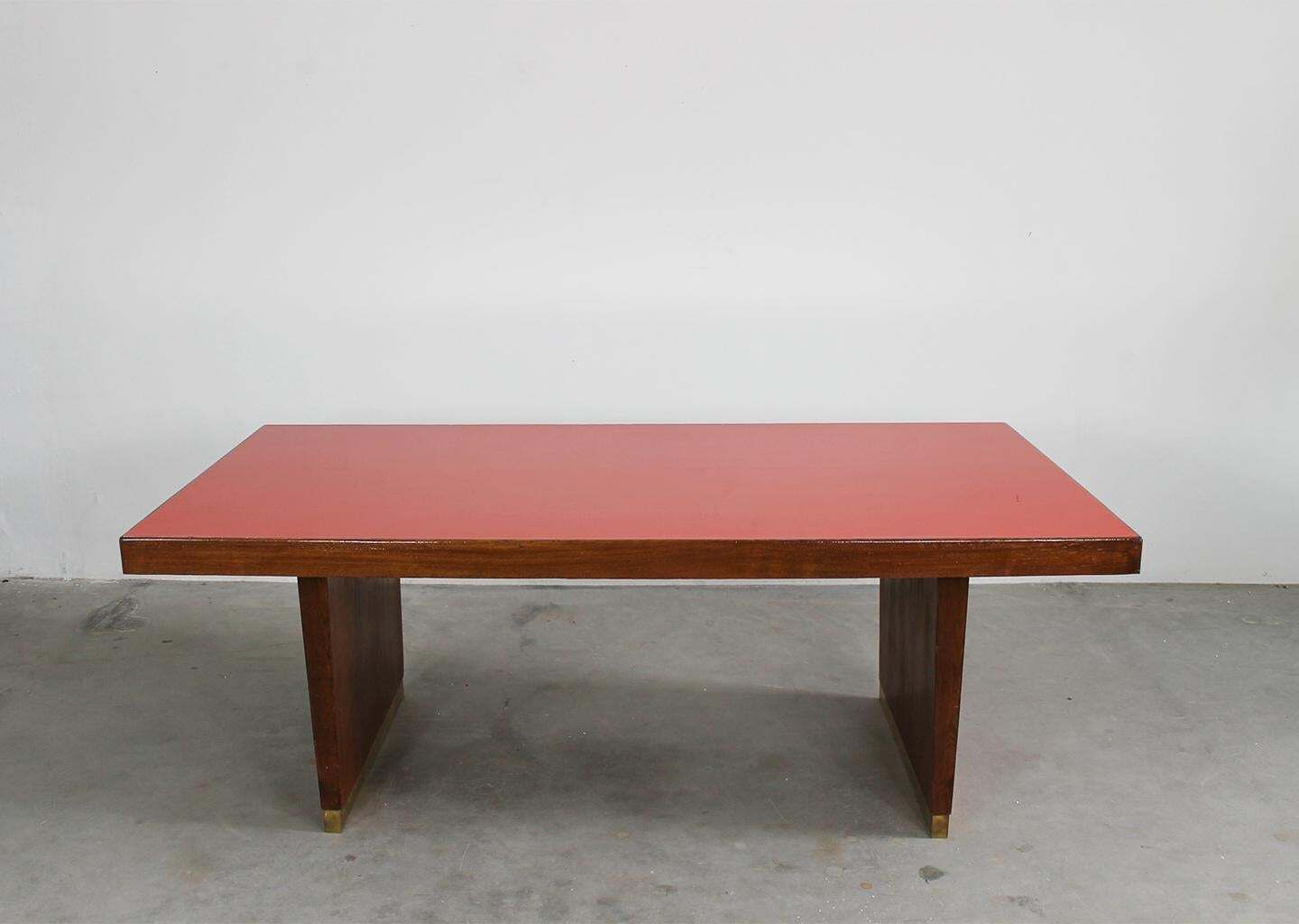 Table In Oak Brass And Red Laminate Italian Manifacture 1950s Gio Ponti photo 6906.0