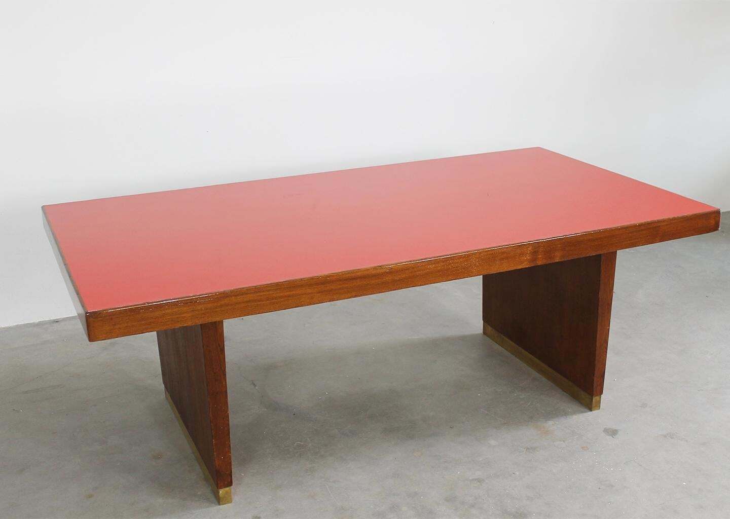 Table In Oak Brass And Red Laminate Italian Manifacture 1950s Gio Ponti photo vinterior