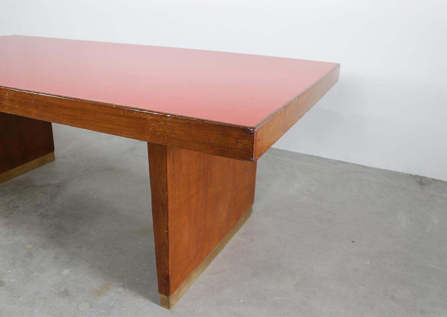 Table In Oak Brass And Red Laminate Italian Manifacture 1950s Gio Ponti photo vintage