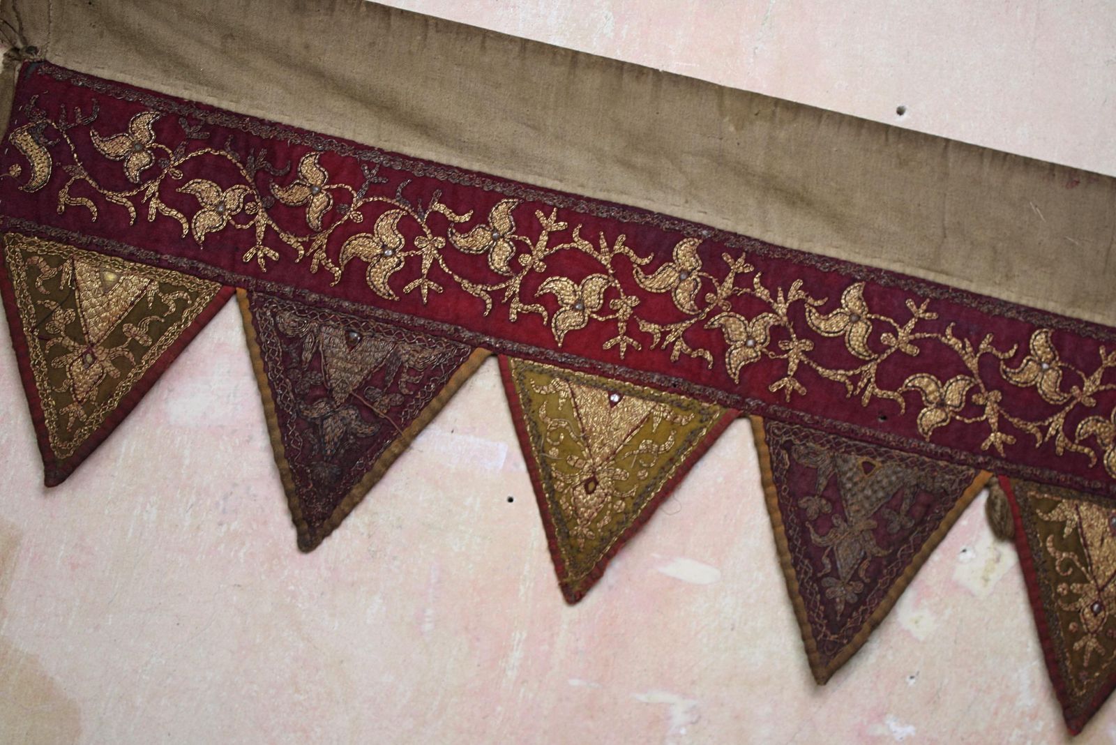 photo buy Pair Of Early 20th C Afghan Bejewelled & Gold Thread Embroidered Door Pelmets