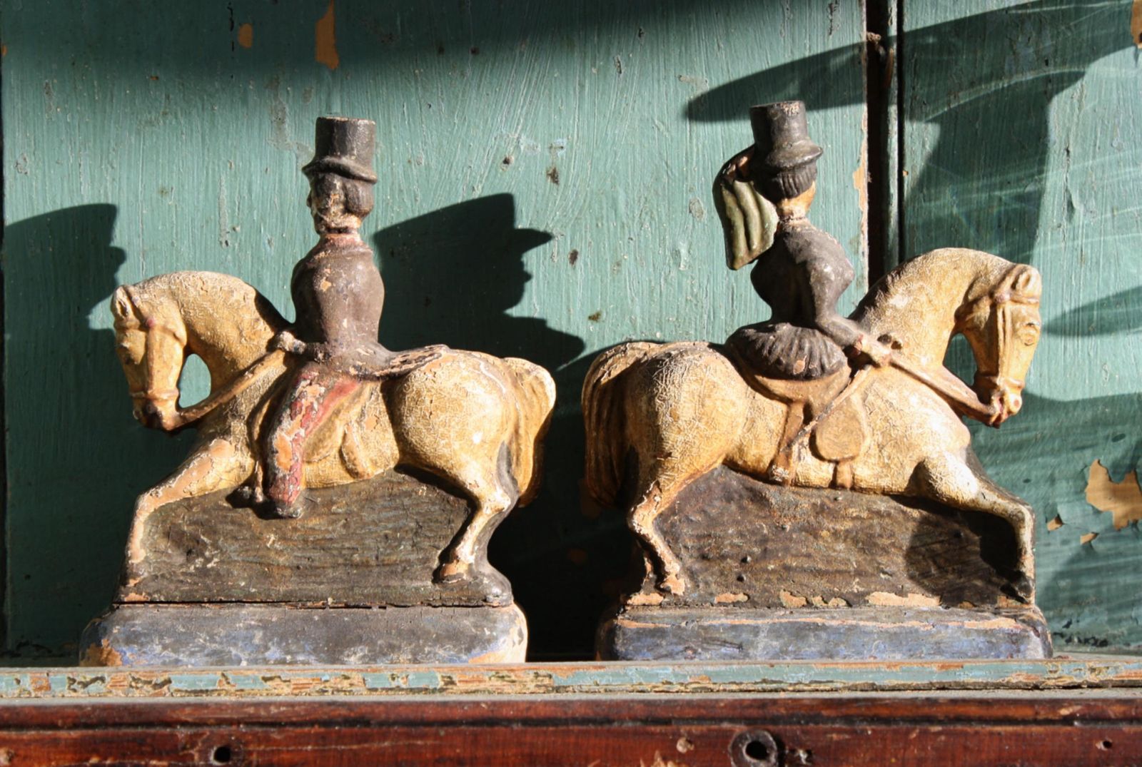 photo for sale Circa 1850 Folk Art Carvings Of Queen Victoria & Prince Albert On Horseback