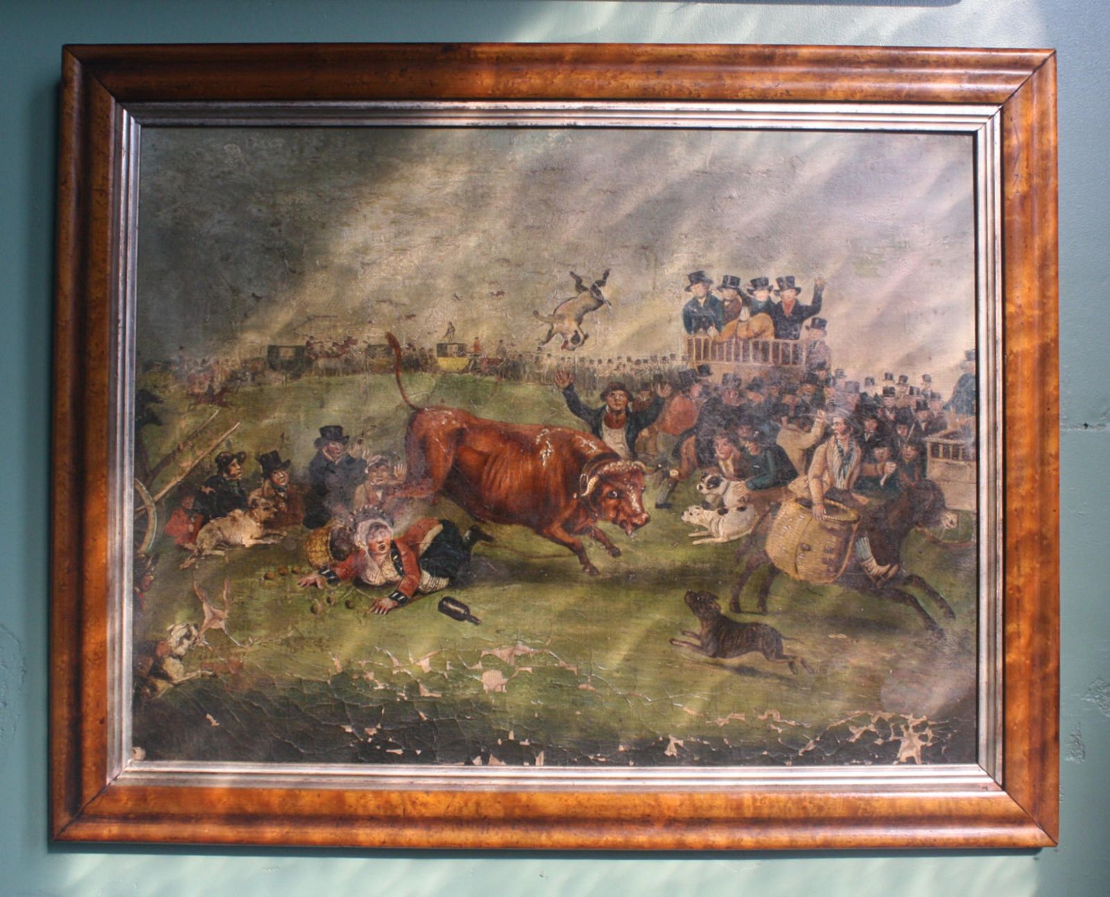 Late Naive English School "Bull Broke Loose" Bull Baiting Oil On Canvas photo vintage