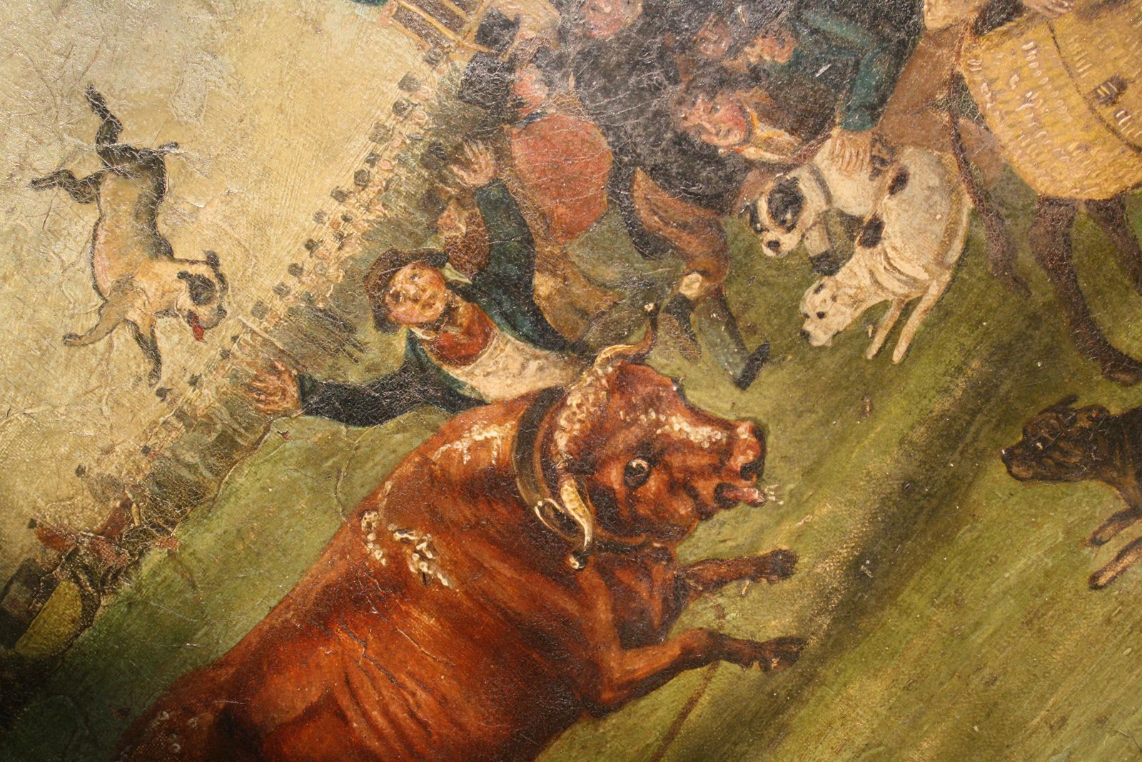Art Late Naive English School "Bull Broke Loose" Bull Baiting Oil On Canvas photo