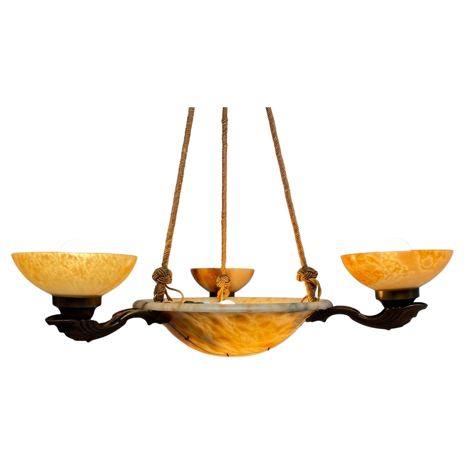 Antique Alabaster Art Deco Plafonnier Chandelier With 4 Shades