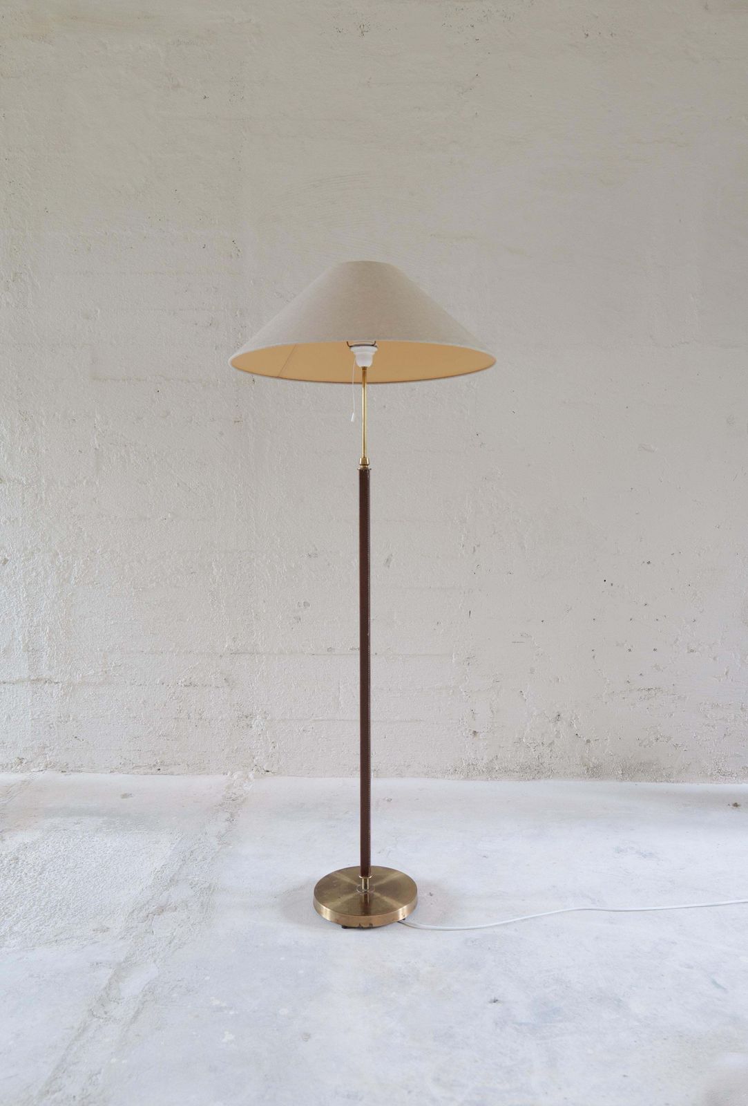 Lighting Mid Century Brass Brown Leather Floor Lamp Falkenbergs Belysning, Sweden, 1960s photo