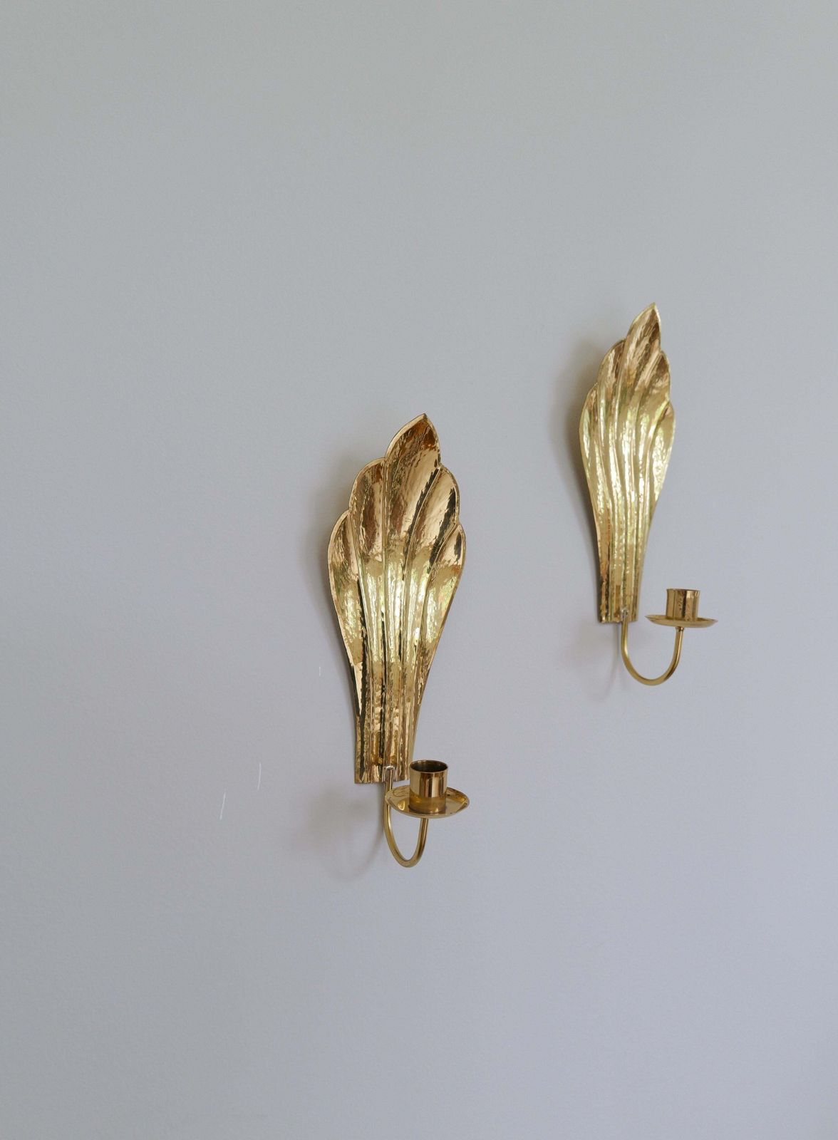 Art Deco Pair Of Brass Wall Candlesticks Holmström, Arvika, Sweden, 1950s photo for sale