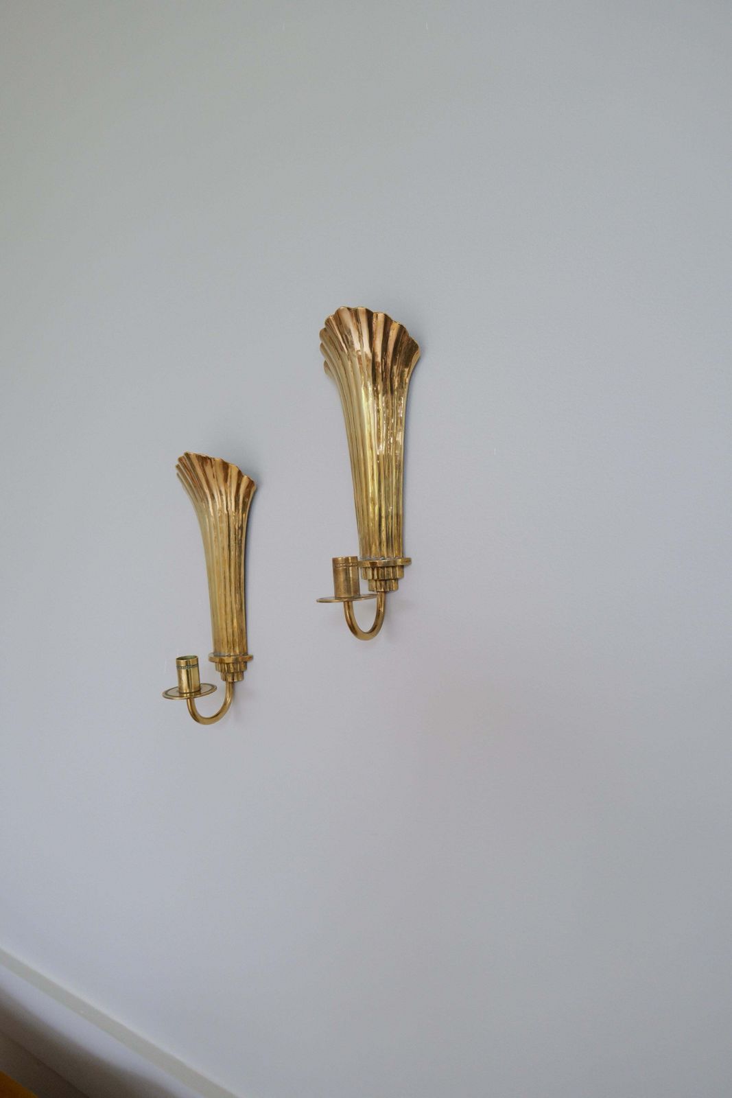 photo for sale Art Deco Pair Of Brass Wall Candlesticks Holmström, Arvika, Sweden, 1940s