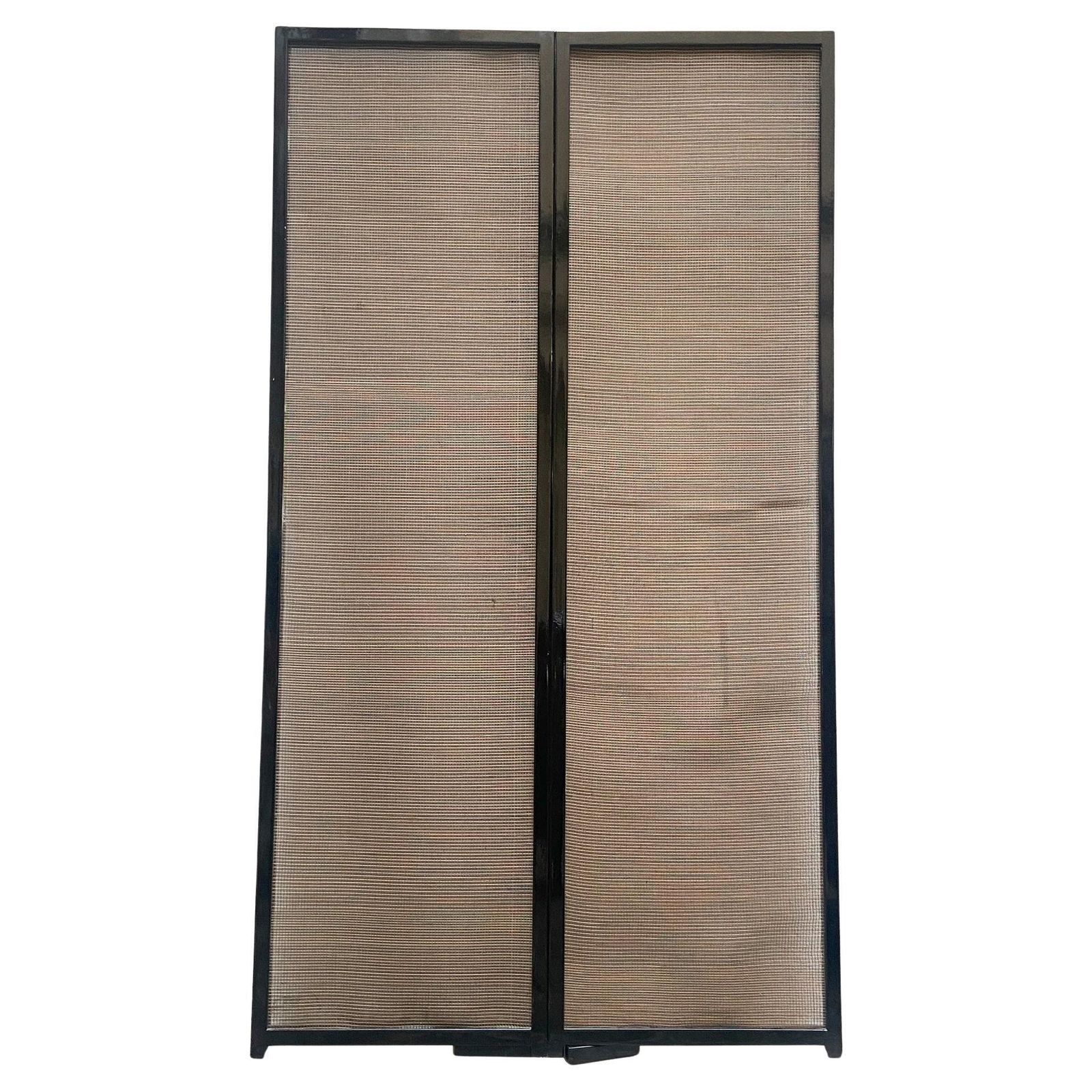 Elegant Folding Screen In Black Lacquered Wood And Natural Reed, Italy 70s