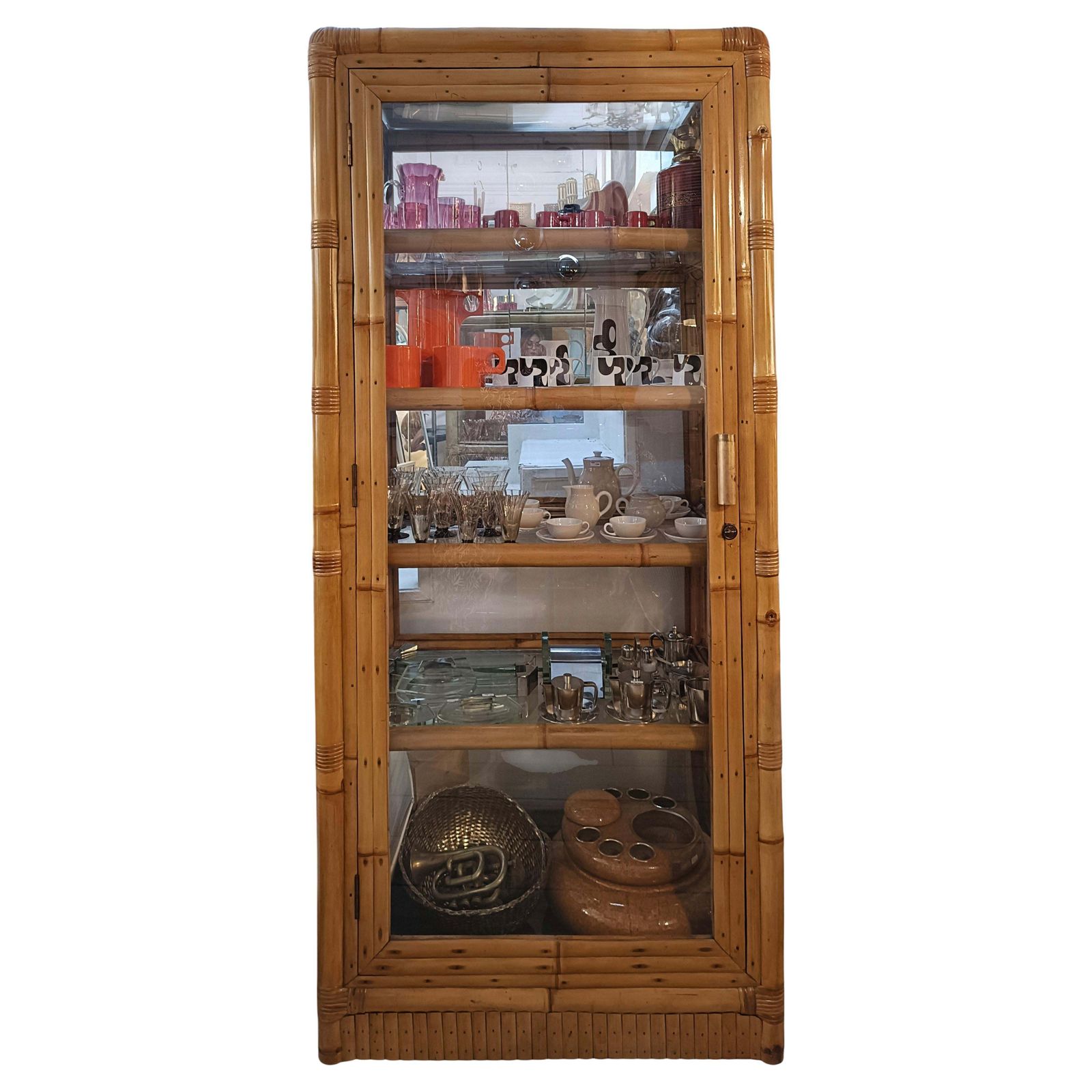 Elegant Manau And Bambu Showcase With Glass Shelves, Italy 1970s