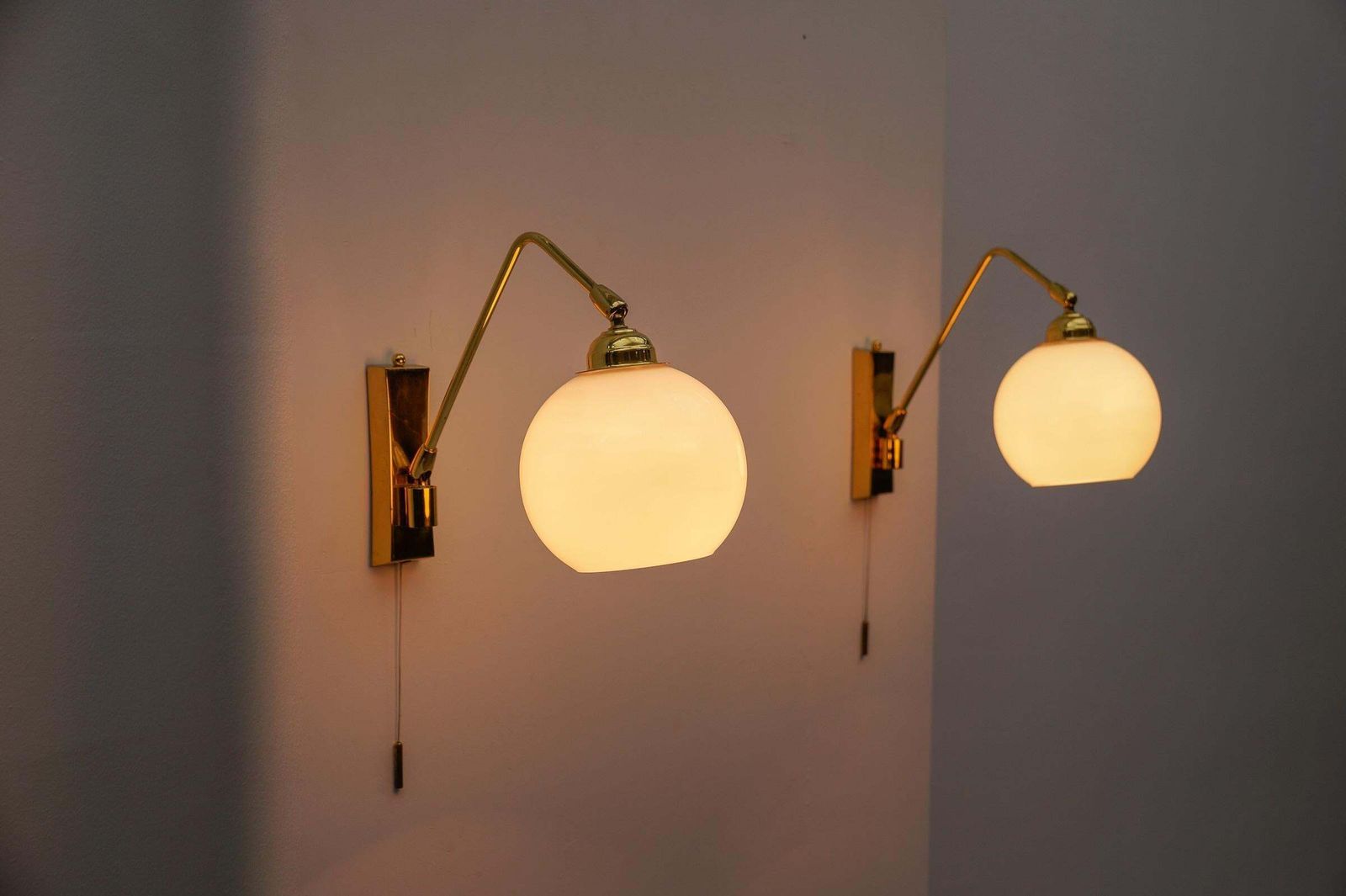 Pair Of Lovely Mid Century Modern Wall Lamps In Brass And Milk Glass, 1960s photo for sale