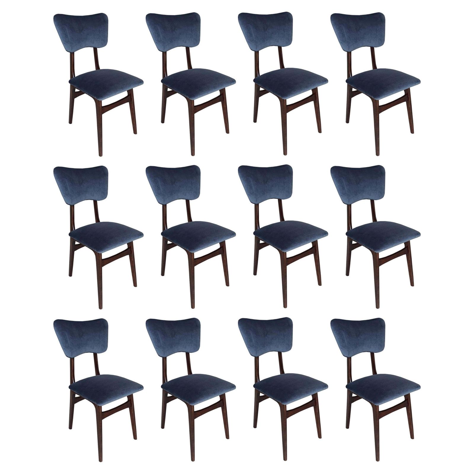 Set Of Twelve Mid Century Butterfly Chairs, Navy Blue Velvet, Europe, 1960s