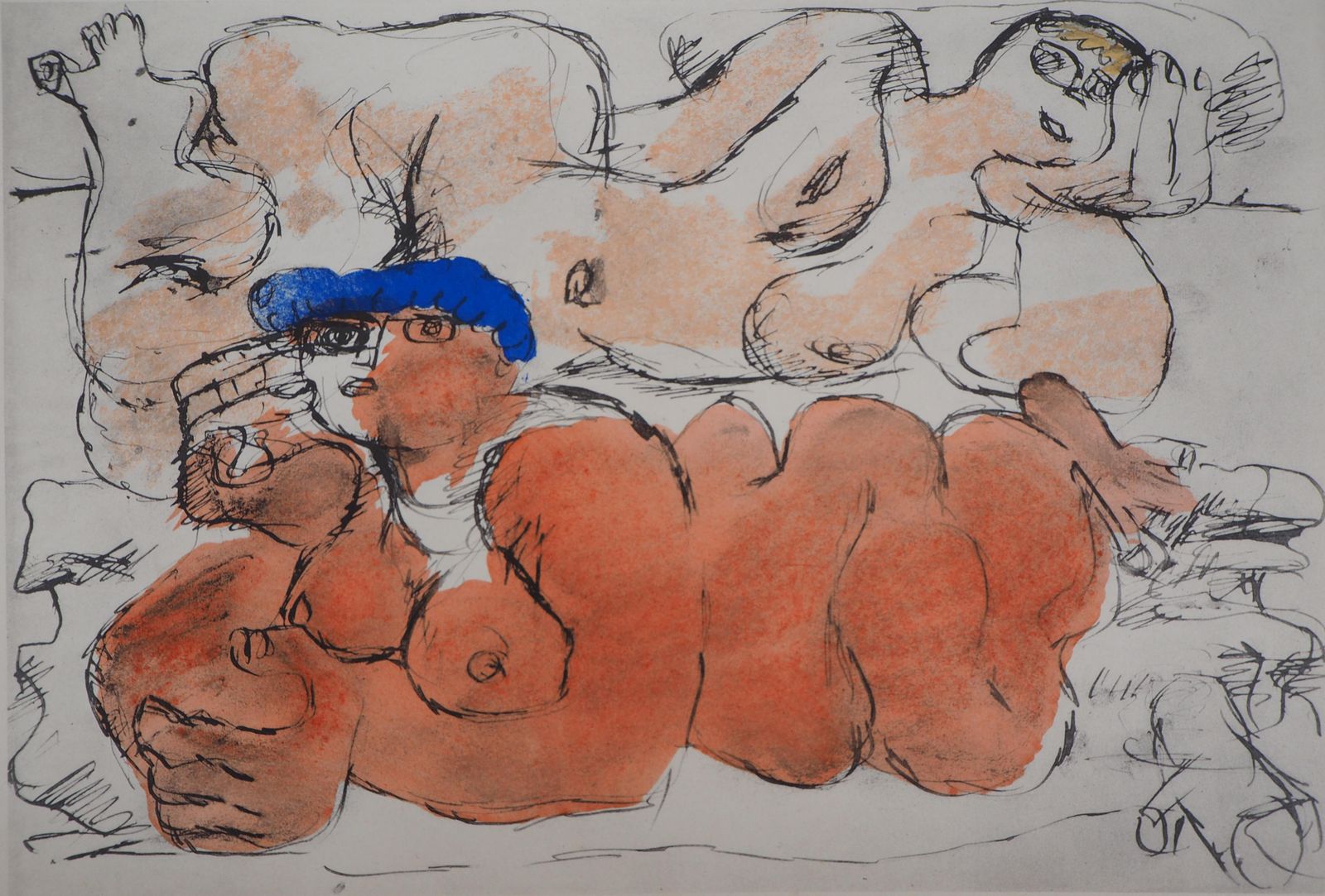 Le Corbusierthe Rest, Two Reclining Nudes   Lithograph And Watercolor Stencil1938