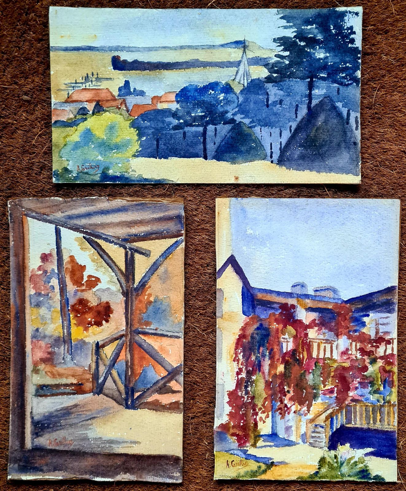 Set Of Three Barbizon School Watercolour Landscapes From 1918 By A Ghillies