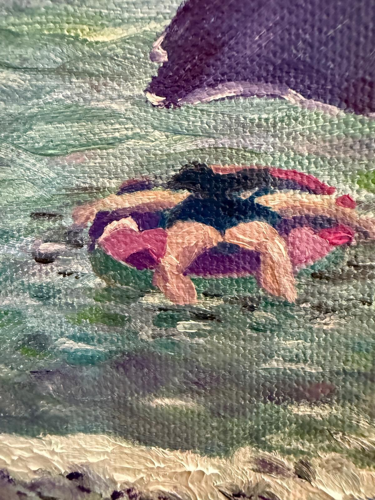 Bernadette Van Baarsen Turquoise And Violet Beach Scene. Côte D'azur, France. Oil On Canvas.2025 photo furniture