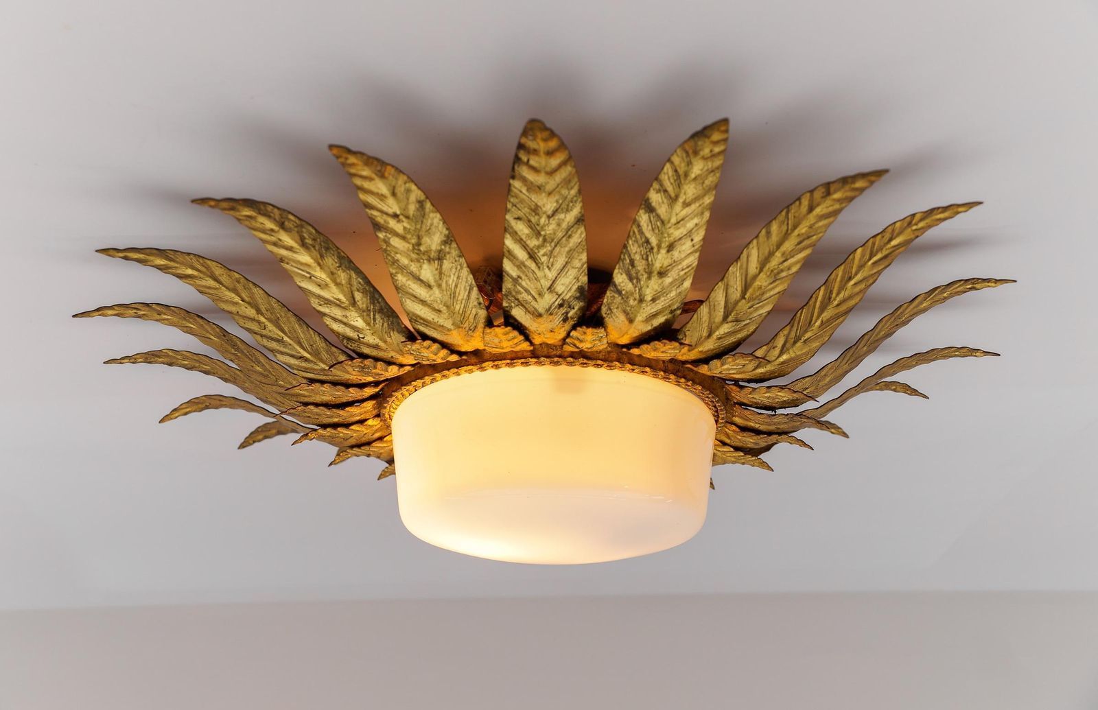 Rare Mid Century Modern Sunburst Ceiling Lamp In Metal And Milk Glass 1960 Italy photo for sale