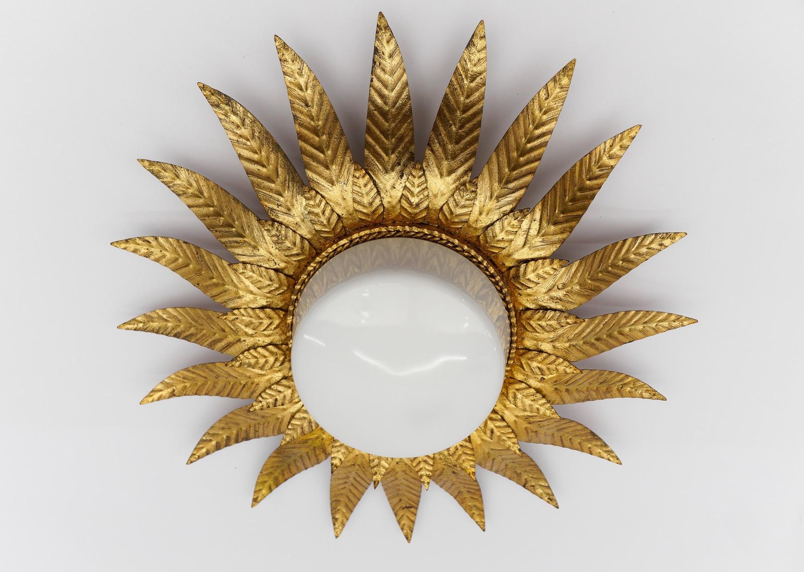 Rare Mid Century Modern Sunburst Ceiling Lamp In Metal And Milk Glass 1960 Italy photo vinterior