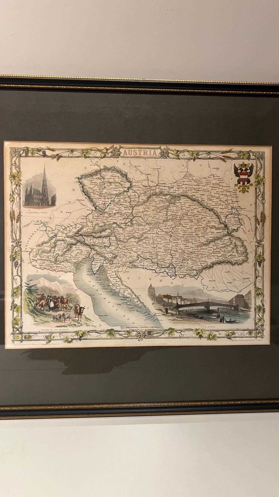Antique Hand Coloured Austria Picture Map By J. Rapkin 1851, Framed Vintage Wall Art photo furniture