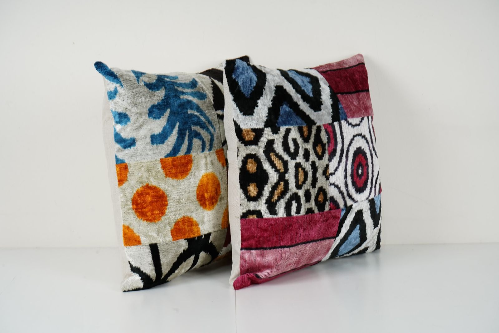Ikat Velvet Patchwork Pillow   Pair Unusual Silk Uzbek Pillow   Set Of Two Tribal Cushion Cover photo furniture