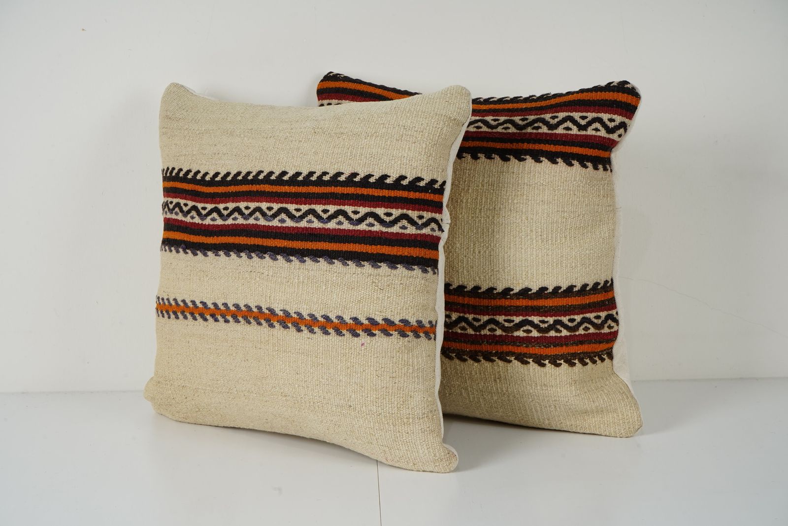 Set Of Two Striped Organic Wool Outdoor Turkish Striped Pillow Covers, Pair Anatolian Minimalist Old Kilim Pillow Covers photo furniture