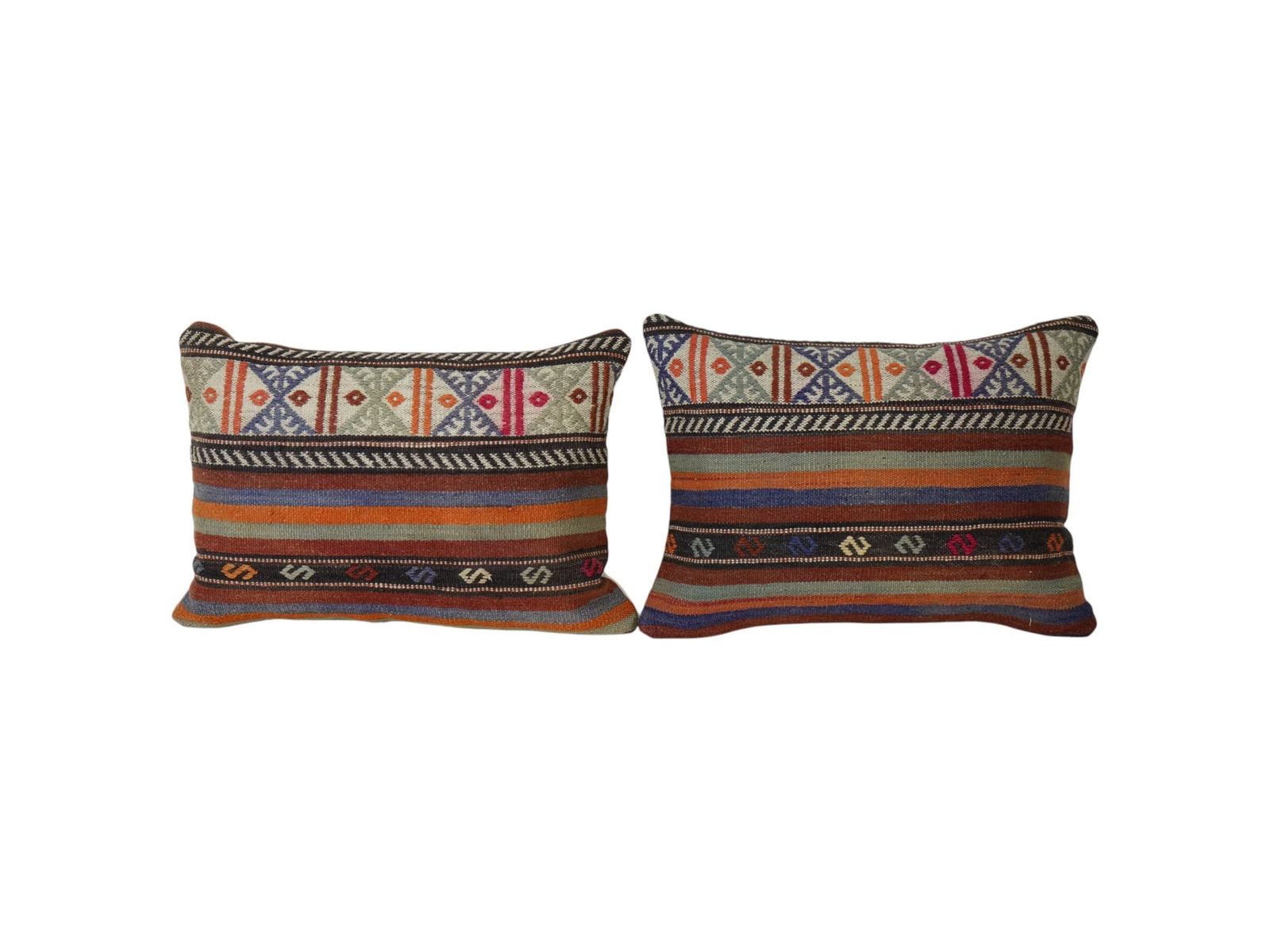 Turkish Lumbar Pillows, Pair Vintage Striped Kilim Pillowcase, Decorative Throw Cushion For Sofa, Boho Home Decor Gift
