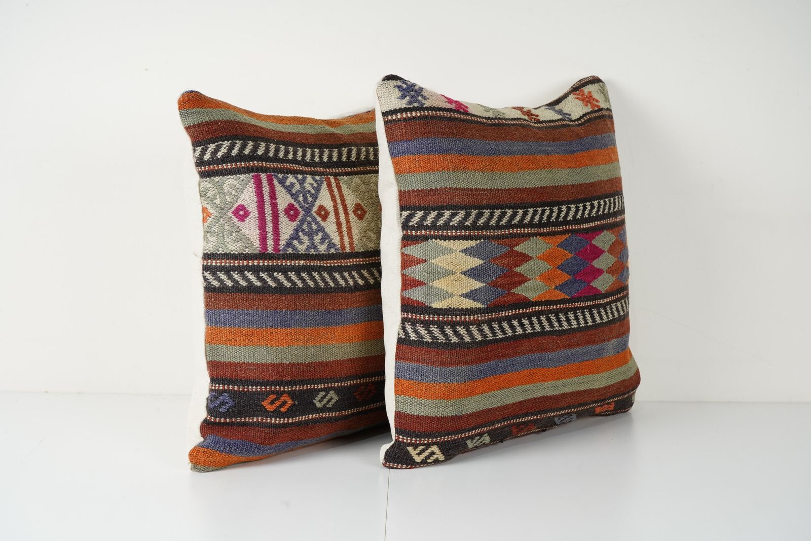 Turkish Kilim Pillow Cover  Inch, Pair Traditional Anatolian Striped Decorative Square Throw Pillow Case, Boho Home Decor photo Textiles