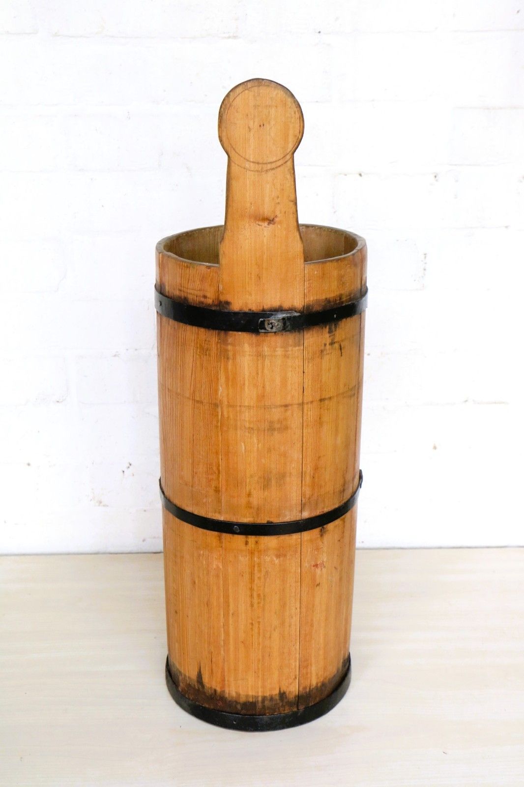 photo for sale Antique Wooden Butter Churn English Steel Coopered Decorative Wooden Stick Stand
