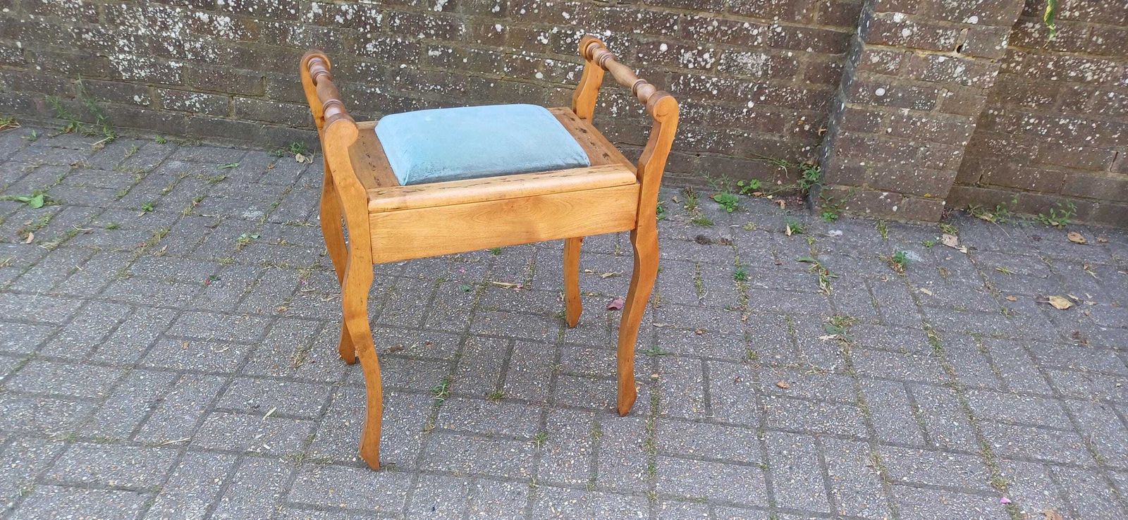 Vintage Mahogany Upholstered Piano Stool Dressing Table Stool Blue Suede Seat Storage Antique Hall Seat Hand Stripped Unique Vanity Seating photo for sale