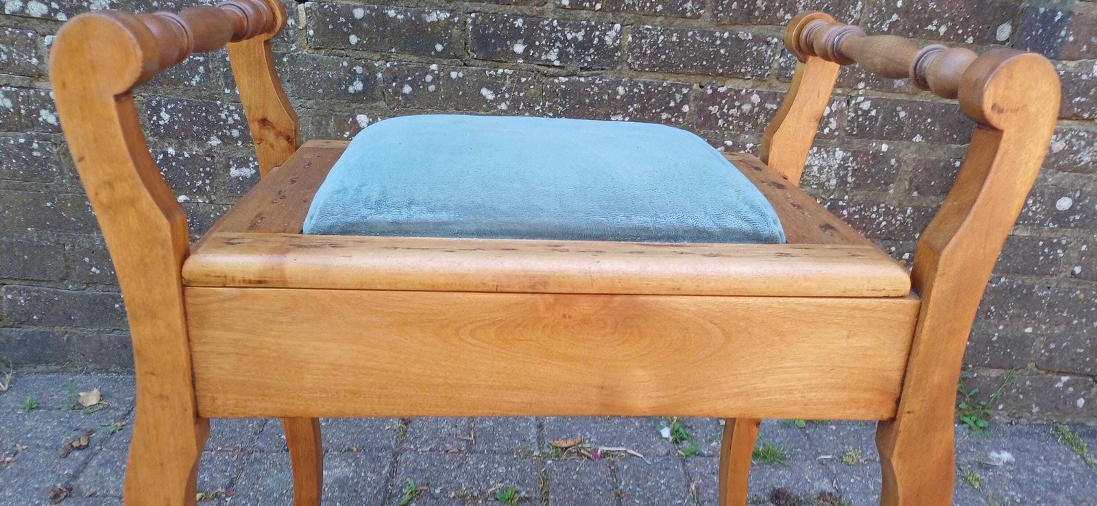 Vintage Mahogany Upholstered Piano Stool Dressing Table Stool Blue Suede Seat Storage Antique Hall Seat Hand Stripped Unique Vanity Seating photo Furniture