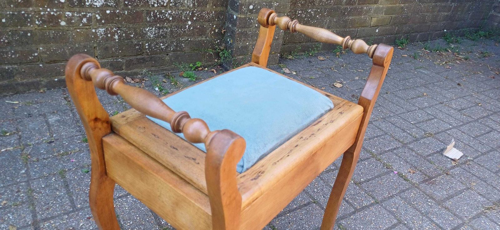 Vintage Mahogany Upholstered Piano Stool Dressing Table Stool Blue Suede Seat Storage Antique Hall Seat Hand Stripped Unique Vanity Seating photo vintage