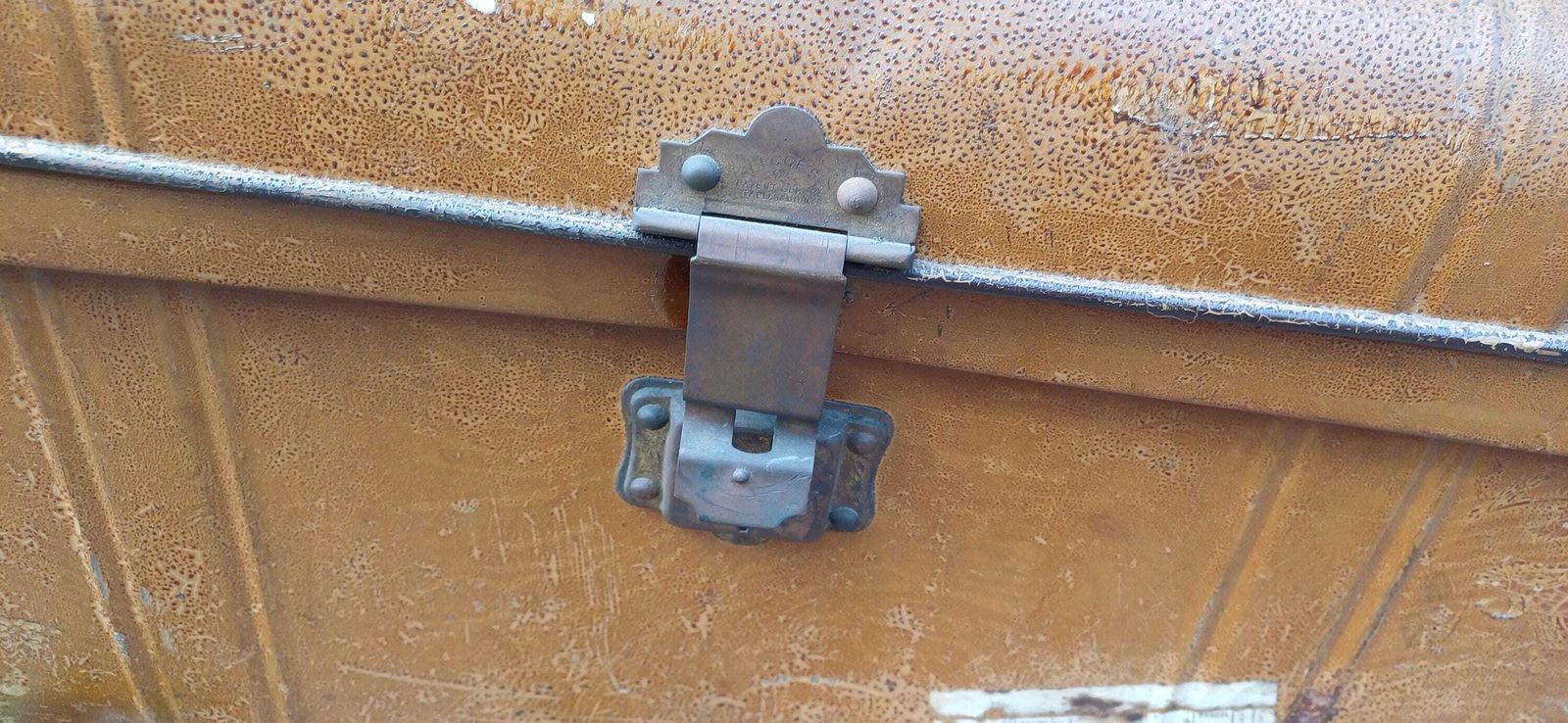 Vintage Victorian Industrial Metal Travel Trunk Storage Chest, Riveted Construction & Original Hardware –Quirky Coffee Table 'Jesters' Epson photo furniture