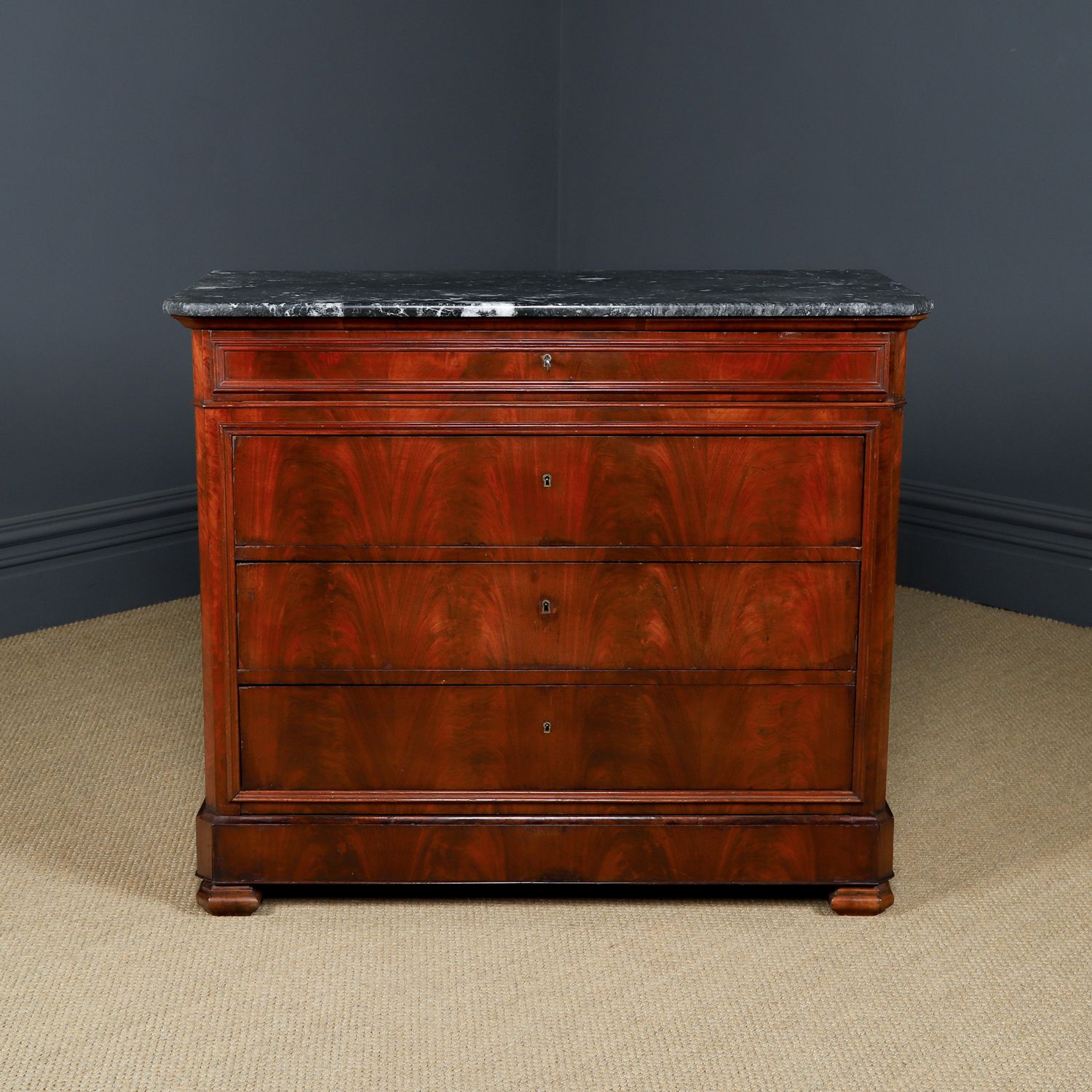 French Louis Philippe Biedermeier Flame Mahogany & Marble Bedroom Chest Of Drawers / Commode (Circa 1850) photo for sale