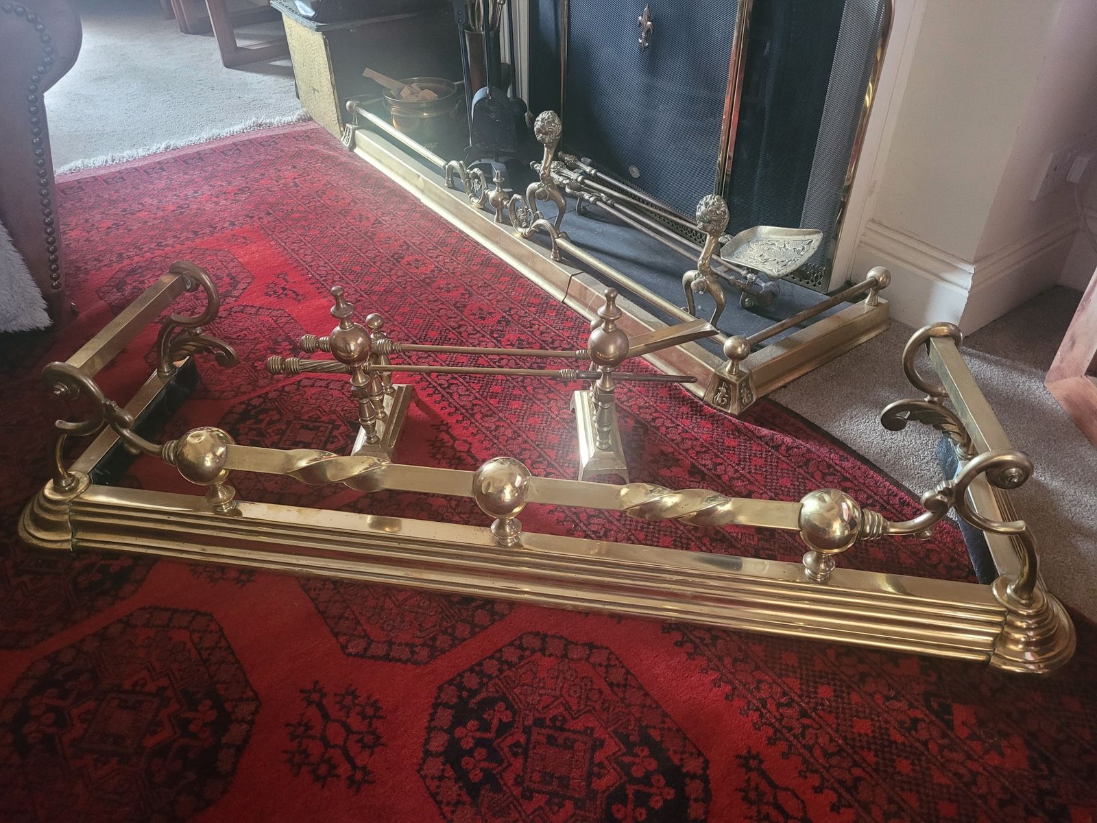 Art Nouveau Brass Fire Fender With Andirons Shovel And Poker photo buy