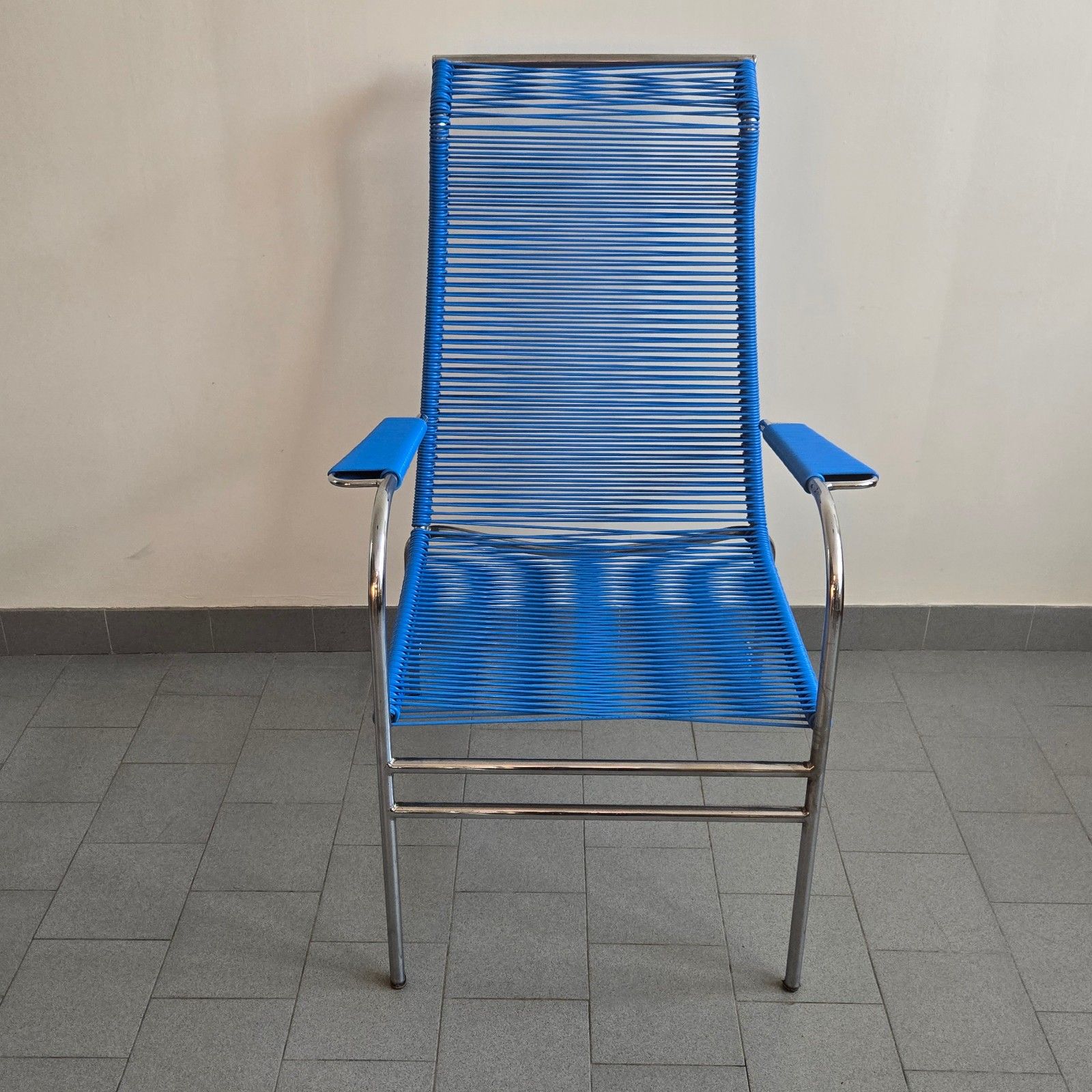 Vintage 1960s Blue Wire & Chrome Steel Scoubidou Armchair 60s Retro 1960s Zazou photo for sale