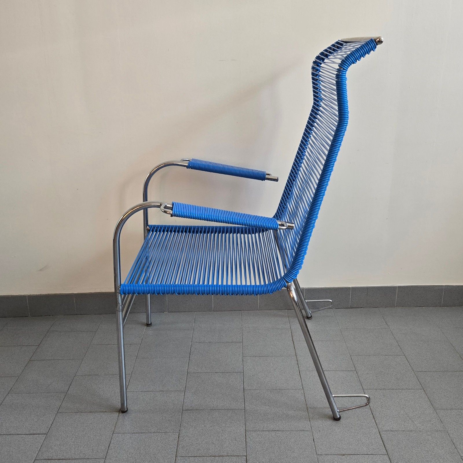Vintage 1960s Blue Wire & Chrome Steel Scoubidou Armchair 60s Retro 1960s Zazou photo vinterior
