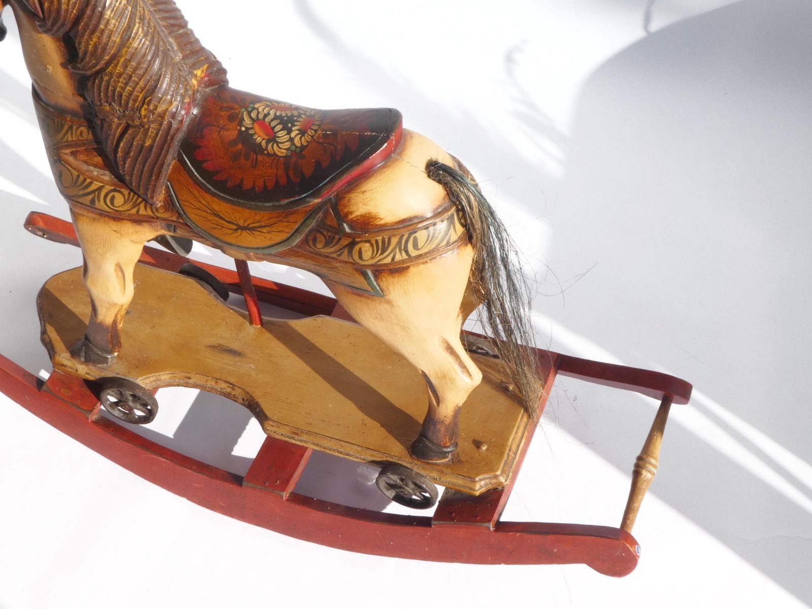 Wood Carved Rocking Horse With Glass Eyes, Carousel Horse With Floral Painted Details, Old Animal Toy On Wheels, Art Object photo buy
