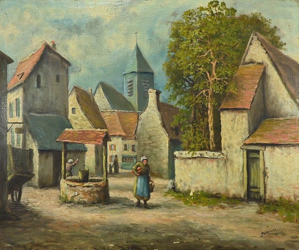 Painting “The Village” By Delacour – Late 19th Century photo vinterior